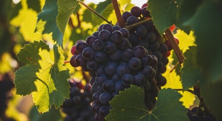 Ripe purple grapes hanging on a vine in sunlight