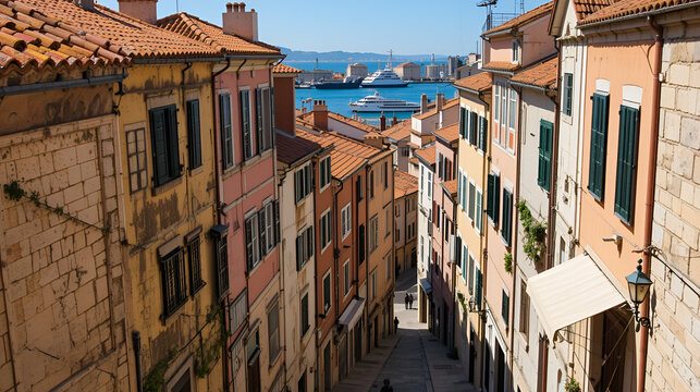 old, colorful houses and narrow streets in the center of the old town of Pula. In the background, port oddities