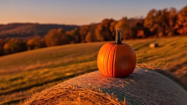 Pumpkin on Hay Bale at Sunset: Autumn Harvest Scene in Rural Landscape Video