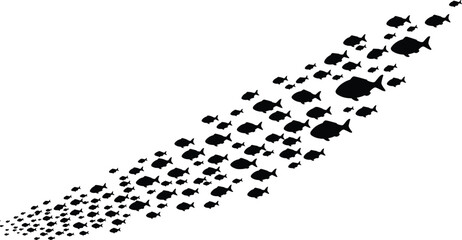 School of fish swimming in perspective view, black silhouette vector illustration, underwater marine life, ocean sea animals, aquatic ecosystem design elements