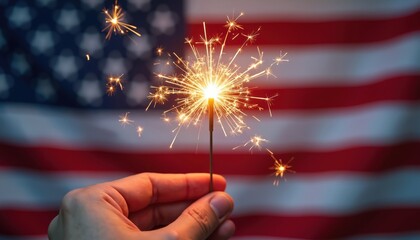 Close-up of hand holding lit sparkler against blurred American flag background. Celebrate Fourth of July, Independence Day, or patriotic event with this festive pyrotechnic display.