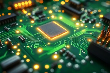 Obraz premium Close up of electronic circuit board with microchips processors and glowing lights symbolizing technology innovation computing power and futuristic digital industry