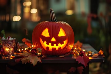 Fototapeta premium Glowing jack o lantern pumpkin with carved face on table decorated with autumn leaves lights and candles creating spooky halloween atmosphere and festive night mood
