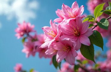 Closeup of pink Bauhinia flowers blooming against clear blue sky. Orchid tree blossoms display vibrant petals, delicate stamen. Green leaves add contrast to tropical floral display, suggesting spring