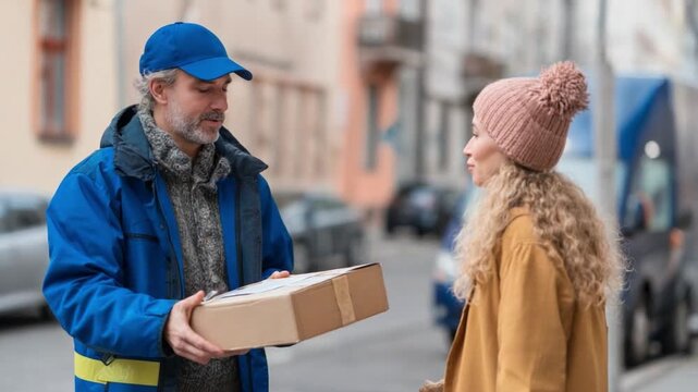 Delivering Happiness: A friendly delivery person handing a package to a recipient on a city street, evoking a feeling of anticipation and the convenience of modern services.