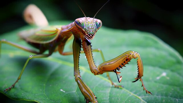 A praying mantis in extreme close-up waits motionless on a leaf, its spiked forelegs glistening under morning dew