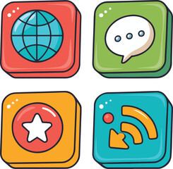 Colorful App Icons Set Featuring Globe, Message, Star, and Wi-Fi