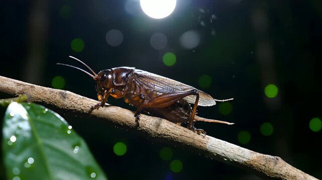 Macro photography of a large brown cricket perched on a tree branch in a dark jungle setting at night, with beautiful bokeh lights