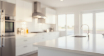 Blurred view of light modern kitchen  