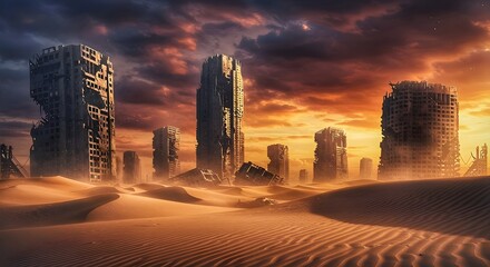 Apocalyptic Desert City Ruins Under Fiery Sunset Sky