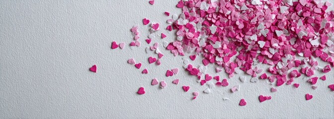 Pink and white heart-shaped sprinkles scattered on a light gray surface