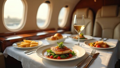 Luxurious dining experience aboard private jet, featuring gourmet meal with fish, french fries, bread rolls, wine. Set table with white tablecloth, silverware, glasses reflects upscale travel, fine