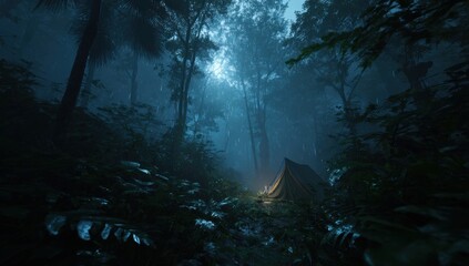 Misty forest campsite at night.  A small tent nestled in a dense, dark forest under a misty sky.  A soft, warm light emanates from the tent