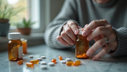 Elderly person struggles with medication management due to dementia symptoms like forgetfulness, confusion. Close-up on hands opening pill bottle, scattered pills suggest difficulty remembering doses.