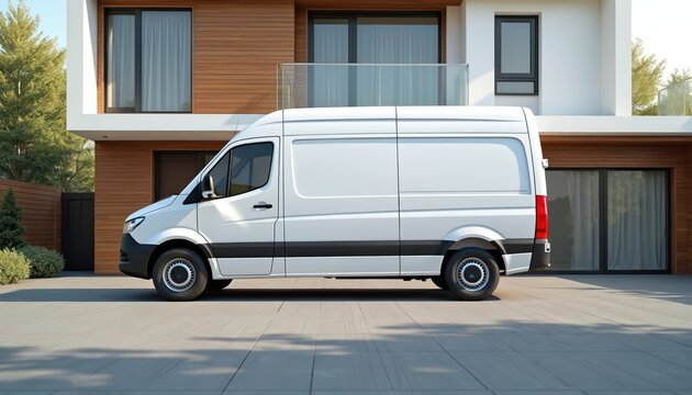White delivery van parked in front of modern residential house for parcel service. Clean minimalist design vehicle on paved driveway, suburban setting. Transportation and logistics for e-commerce.