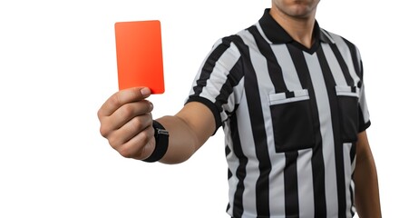 Referee Holding Up Red Card for Foul or Disqualification, Symbolizing Penalty, Warning, and Rule Enforcement in Sports on a White Background