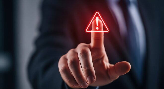 Hand pointing at glowing red triangular warning sign