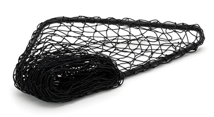 Rolled Black Elastic Mesh Cargo Net on White Background for Automotive Storage and Organization