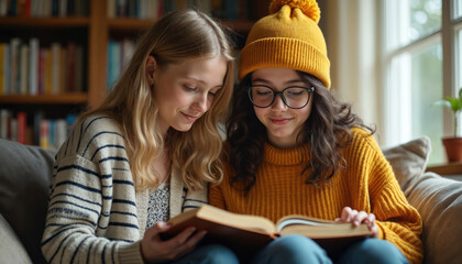 Two young girls enthusiastically read book together on couch. One wears yellow beanie, glasses, reading bible study book. Girl blonde wears striped sweater. Cozy home library setting, friendship,