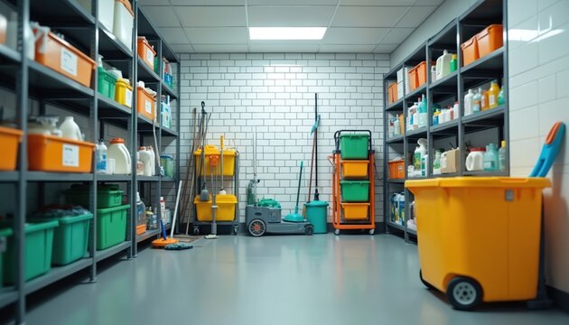 Organized cleaning supplies fill shelves in tidy storage room. Buckets, brooms, cleaning equipment neatly arranged on shelves, carts. Clean, well-lit space emphasizes efficiency, hygiene for - Powered by Adobe