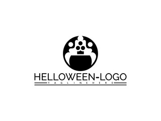 Obraz premium Happy halloween logo. Black Halloween cauldron logo with bubbling potion and spider web elements on white background vector