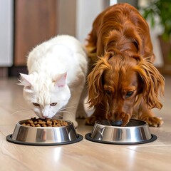 Fototapeta na wymiar Pets eating from bowls