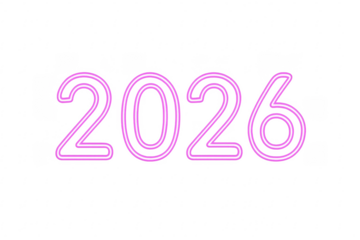 2026 pink neon sign on transparent background representing the upcoming year