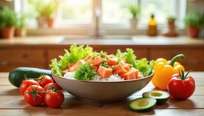 Fresh poke bowl with salmon, rice, lettuce, avocado, tomatoes and yellow pepper. Healthy meal prepared with fresh produce. Delicious and vibrant presentation of ingredients.