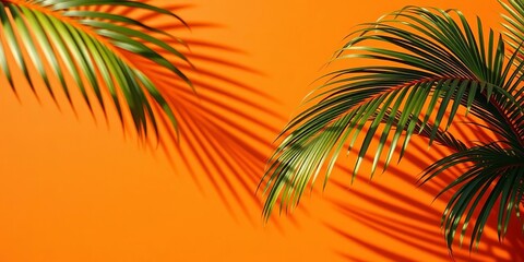 Subtle palm leaf shadows dappled across a vibrant orange minimalist backdrop,  design,   clean background