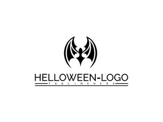Happy halloween logo. Black Bat Wings Logo with Text Helloween Logo Tagline Here on White Background halloween