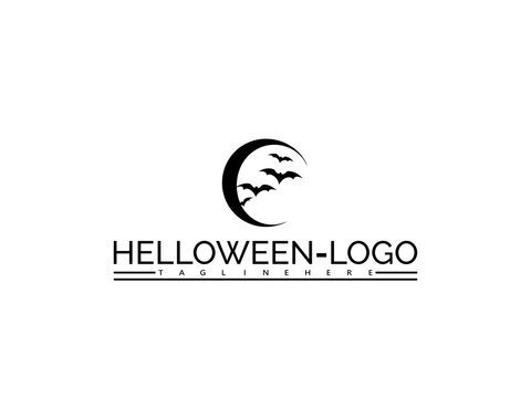 Happy halloween logo. Halloween logo with crescent moon and three bats and text HELOWEN- LOGO night - Powered by Adobe