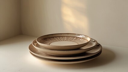 A stack of decorative light beige plates with intricate brown designs, arranged subtly against a neutral backdrop, creating a serene and elegant aesthetic.