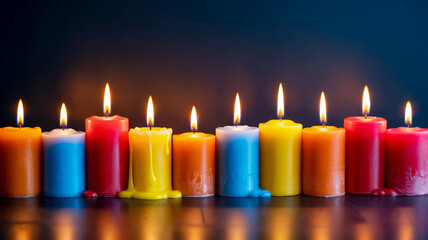 Row of colorful lit candles with melting wax on dark background burning flame