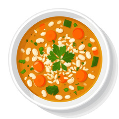 Overhead View of Hearty Vegetable Soup with White Beans Carrots and Parsley in White Bowl
