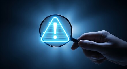 Hand holding magnifying glass over glowing blue warning sign