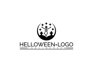 Happy halloween logo. Halloween skeleton dancing at graveyard logo with text HELOWEN- LOGO and TAGLINEHERE