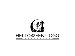 Happy halloween logo. Halloween logo with skeleton on a crescent moon and tombstone vector illustration