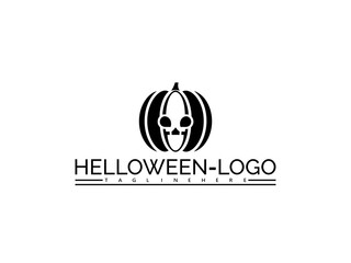 Happy halloween logo. Black and white pumpkin with skull face logo and text HELOWEN- LOGO and TAGLINEHERE
