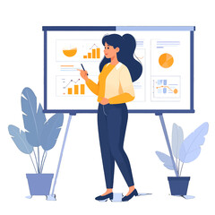 Professional Woman Giving Presentation with Graph Charts Against Whiteboard in Bright Environment with Blue Plants and Formal Attire