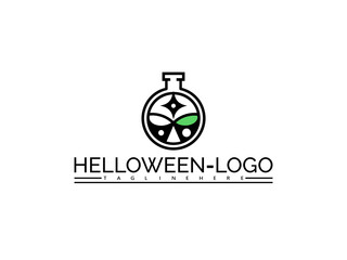 Happy halloween logo. Halloween potion bottle logo with green leaf and starburst design flask