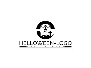 Happy halloween logo. Black and white logo with skeleton, tombstone, and text HELOWEN- LOGO halloween grave