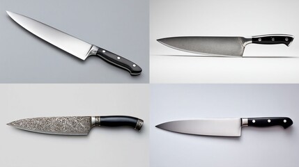 Four high-angle, studio shots of chef's knives,  different blade patterns,  dark handles on light backgrounds