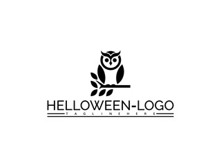 Happy halloween logo. Black owl perched on a branch with leaves and text HELOWEN- LOGO logo symbol