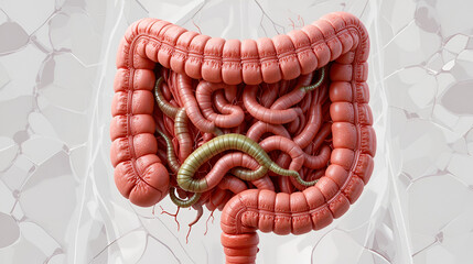 3D medical illustration of human intestine cross-section with parasitic worms inside. Realistic anatomical model for healthcare, parasitology, medical education use, isolated transparent png
