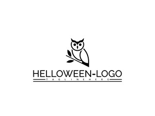 Happy halloween logo. Halloween owl logo on a branch with text HELOWEN- LOGO and TAGLINEHERE on white background