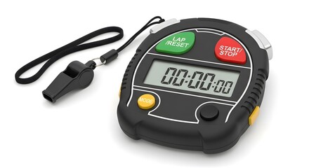 Digital Stopwatch and Whistle for Sports Timing and Coaching on White Background