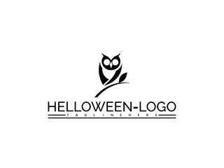 Happy halloween logo. Halloween owl logo on a curved branch with text HELOWEN- LOGO and TAGLINEHERE on white background