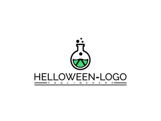 Happy halloween logo. Halloween laboratory flask logo with green liquid and swirling vapor on white background beaker