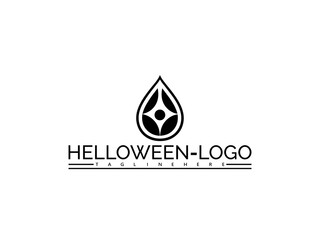 Happy halloween logo. Black abstract geometric shape resembling a stylized eye within a teardrop with text HELOWEN- LOGO