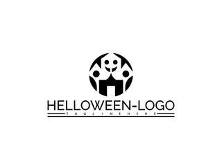 Happy halloween logo. Black haunted house with smiling figures at the top and text HELOWEN- LOGO below halloween logo